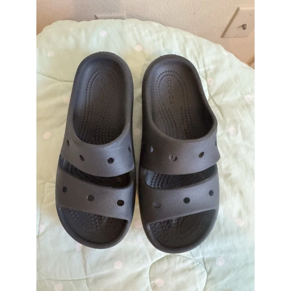 Youth Size 2 Crocs Slide Two Strap Black Rubber Sandals J2